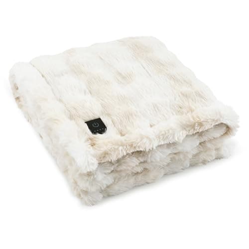 Brookstone Heated Faux Fur Throw Blanket - Electric - 4 Heat Settings, 4-Hour Auto Shut Off, 100% Polyester, 50"x60" - Ivory
