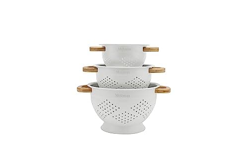 Molomax Metal Colander with Wood Handles - Set of 3 - Light Icing White
