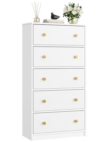 Nicehill White Dresser for Bedroom with 5 Drawers Wooden Dresser Storage Tower, Chest of Drawers for Closet, Living Room, Hallway, Entryway, Fabric Drawer (White)
