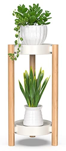 Wisuce Bamboo Plant Stands Indoor, 2 Tier Steel Tray Tall Corner Plant Stand Holder & Plant Display Rack for Outdoor Garden Indoor Home (2 Tier)