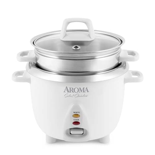 Aroma Housewares 6-Cup (Cooked yield ) / 1.2Qt. Select Stainless Pot-Style Rice Cooker, & Food Steamer, One-Touch Operation, White
