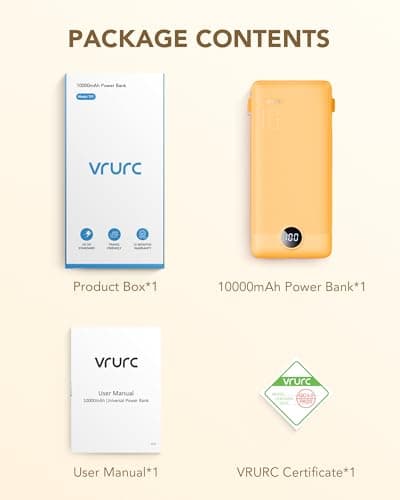 VRURC Portable Charger Built-in Cables and AC Wall Plug, USB C Power Bank 10000mAh, Travel Battery Phone Charger Compact Lightweight External Battery Pack for Smart Phones, Tablets etc-Orange 8