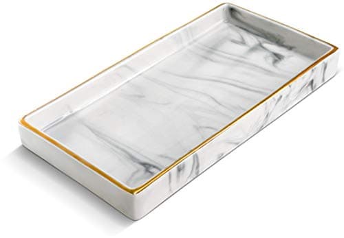 Ceramic Vanity Candle / Perfume Tray Decor with White Marble Finish | Decorative Jewelry Dish for Dresser, Bathroom, 9x4.5x1 inches