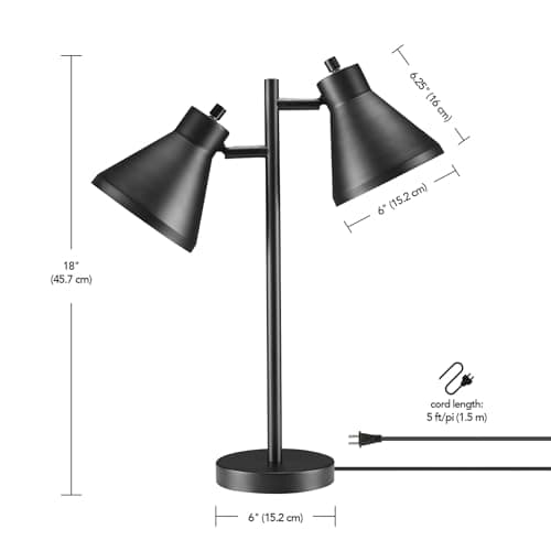 Globe Electric 18" 2-Light Desk Lamp, Industrial Design, Pivoting Heads, Matte Black Finish, Dual On/Off Switches, E26 Base, 52999 8