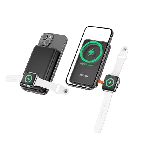 Innostyle Magnetic Power Bank, 10800mAh Wireless Portable Charger, Power Bank with Built in Cables, for iPhone 17/16/15/14/13/12 and Apple Watch Ultra/11/10/9/8/7/6/5, Black