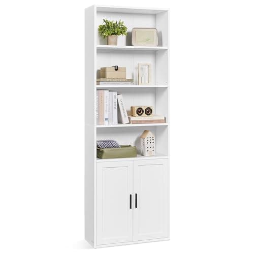 VASAGLE Custos Collection - Bookshelf, 6-Tier Tall Bookcase, Book Shelf with Doors, Open Storage Shelf, 9.4 x 23.6 x 68.9 Inches, for Living Room, Home Office, Dining Room, Cloud White ULBC402W01