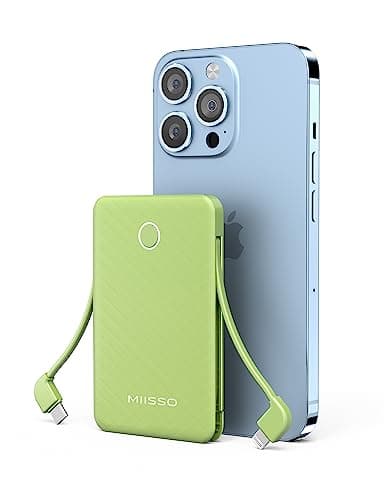miisso 6000mah Ultra Slim Built in Cables Power Bank, Card Size Built in USB C Cords Battery Pack Portable Charger for Phones, 3 Output External Battery Pack Compatible with iPhone, Deep Green 2