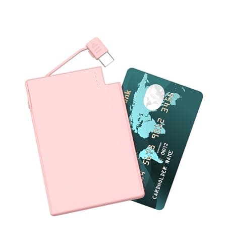 TNTOR Ultra Slim Power Bank, USB-C Portable Charger with Built in Cable, Credit Card Size for Pocket Wallet Pink Card Phone Charger Compatible with iPhone 15 16 17Series, Samsung and Android Phones