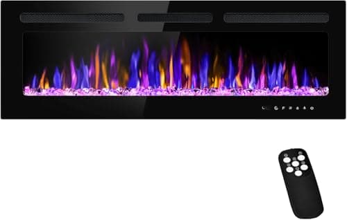 BETELNUT 50" Electric Fireplace Wall Mounted and Recessed with Remote Control, 750/1500W Ultra-Thin Wall Fireplace Heater W/Timer Adjustable Flame Color and Brightness, Log Set & Crystal Options