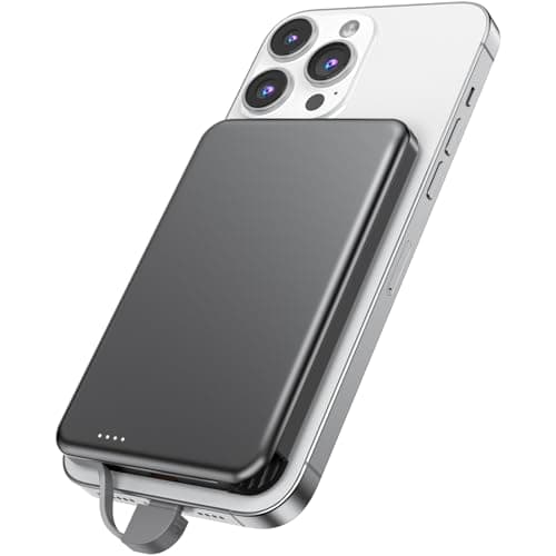 NZKEEYZI for MagSafe Portable Charger, 0.3" Ultra Slim 5000mAh Magnetic Power Bank, 25W PD Fast Charging Battery Pack with Built-in Cable, Travel Battery Bank for for iPhone 16/15/14/13/12 Grey