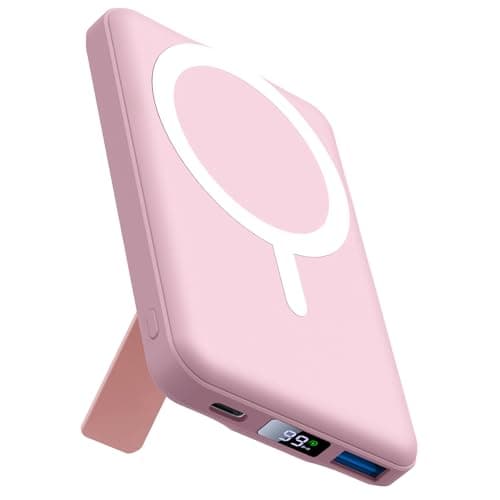 AOGUERBE for Mag-Safe Portable Charger, 10000mAh Magnetic Power Bank 22.5W Fast Charging,Mini Battery Pack Wireless with LED Display&Foldable Stand for iPhone 17/16/15/14/13/12 Series (Rose Pink)