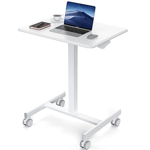 Small Mobile Rolling Standing Desk - Overbed Table, Teacher Podium with Wheels, Adjustable Height Table, Rolling Desk Laptop Computer Cart for Home, Office, Classroom, White