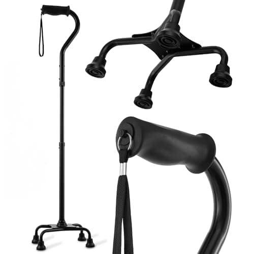 HONEYBULL Walking Quad Cane for Men & Women - Adjustable, Lightweight Quad Cane with Large 4 Pronged Base for Extra Balance & Stability; Walking Canes for Seniors, Walking Sticks (Black)