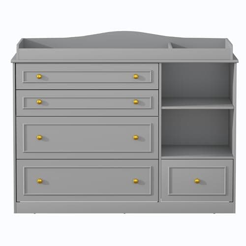 St.Mandyu Grey Changing Table Dresser, Baby Nursery Dresser, Baby Diaper Changing Table, 5 Drawers, Adjustable Shelves, Metal Handle, Curved Wrapping Design, Grey 9