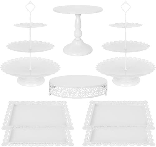 Fivenl 8 Pcs Cake Stand White Metal Dessert Table Display Set, 3-Tier Cupcake Stand, Cake Display Tower and Cookie Tray Rack Serving Tray for Birthday Party, Weddings, Baby Shower (White)