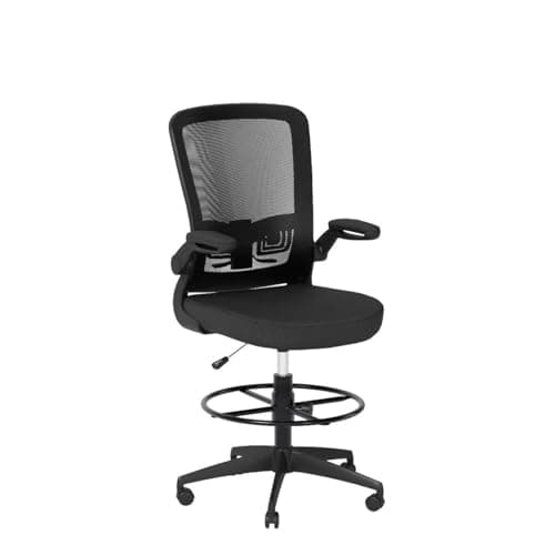 POWERSTONE Drafting Chair - Ergonomic Tall Office Chair for Standing Desk with 3IN Thick Cushion, Flip-up Arm, Adjustable Back Support & Footrest Workbench Rolling Stool Computer Chairs (Black 1 pcs) 5