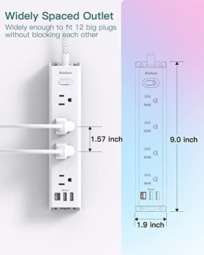 Surge Protector Power Strip - 10 FT Extension Cord, Power Strip with 12 Widely AC Outlet 3 USB, Flat Plug, Wall Mount Overload Protection, 1050J, Desk Charging Station for Home Office, ETL Listed 7