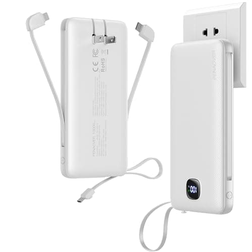 penaover Portable Charger with Built-in Cables&AC Wall Plug,Slim 10000mAh 22.5W Fast Charging Power Bank,5 Output 2 Input USB-C External Battery Pack Compatible with iPhones,Samsung,Android, etc