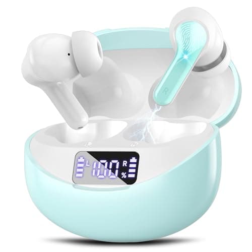 Fhumsh Wireless Earbuds, 50H Playback LED Digital Display Ear Buds with Bluetooth 5.3 Headset, IPX7 Waterproof Earphones for Running/Workout Light Green