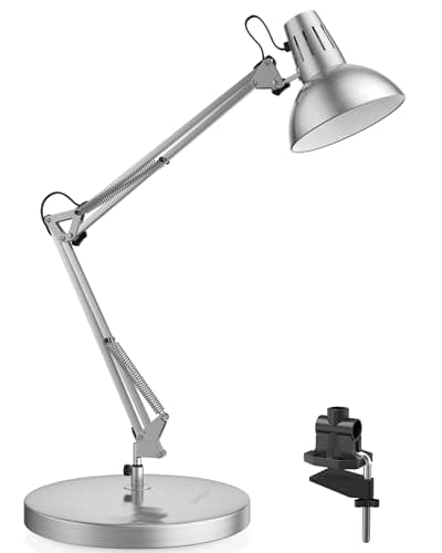 LEPOWER Metal Desk Lamp, Adjustable Goose Neck Architect Table Lamp with On/Off Switch, Swing Arm Desk Lamp with Clamp, Eye-Caring Reading Lamp for Bedroom, Study Room &Office (Silver)