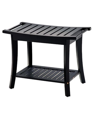 OasisSpace Bamboo Shower Bench with Storage Shelf, 24" Black Shower Stool for Inside Shower Waterproof, Spa Seat Bath Stool Organizer for Shaving Legs, Bathroom Shower Chair for Adults Elderly