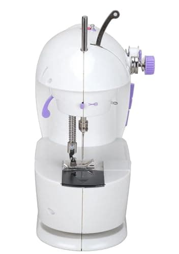 Portable sewing machine, very easy to use for beginners and children, with light and extension table. Includes a set of threads and accessories. Mini handheld sewing machine with two speeds. 9