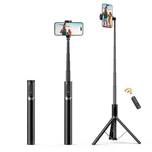 ATUMTEK 62" Selfie Stick Tripod, Aluminum Travel Phone Tripod with Rechargeable Bluetooth Remote,Compatible with iPhone and More, Vlog, Video and Photo, Black