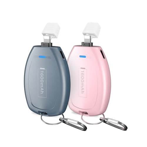 2-Pack Keychain Portable Charger for iPhone, 1600mAh Mini Power Emergency Pod Ultra-Compact External Power Bank Battery Pack, Key Ring Cell Phone Charger for iPhone 8 11 12 14 Airpods-Blue&Pink