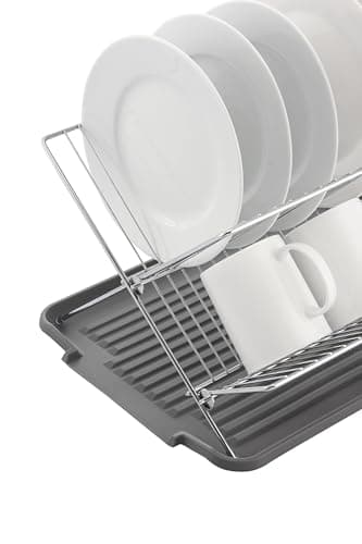 J&V TEXTILES Foldable Dish Drying Rack with Drainboard, Stainless Steel 2 Tier Dish Drainer Rack, Collapsible Dish Drainer, Folding Dish Rack for Kitchen Sink, Countertop, Cutlery, Plates (Gray) 6