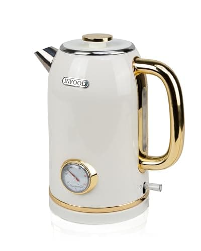 INFOOD Retro Electric Kettle, 2L / 67oz Hot Water Kettle Electric with Thermometer, 1200W Fast Heating Stainless Steel Tea Kettle for Boiling Water, Cordless, LED Indicator, Auto Shut-Off, White Gold