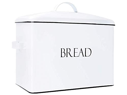 Vintage Metal Bread Bin - Countertop Space-Saving, Extra Large, High Capacity Bread Storage Box for your Kitchen - Holds 2 Loaves 13" x 10" x 7"- White with BREAD Lettering