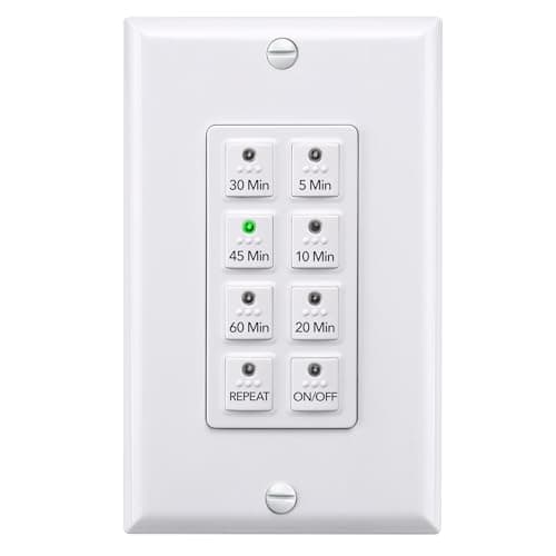 BN-LINK Countdown Digital Wall Timer Switch for Exhaust Fan with Push Button 5-10-20-30-45-60mins, Bathroom Fan Light Switch Timer Indoor, Neutral Required, Wall Plate Included, White, ETL Listed