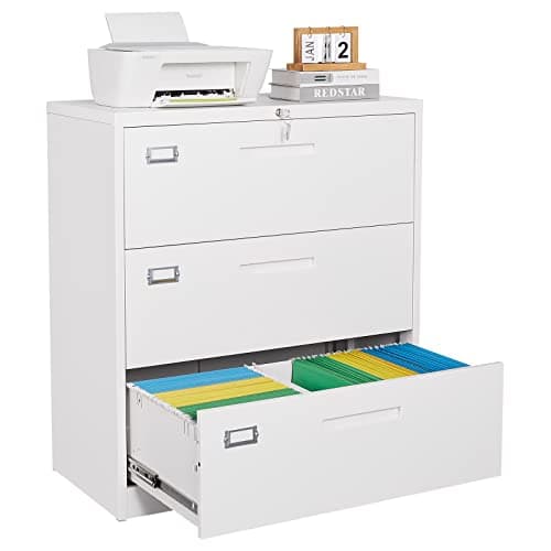 SISESOL 3 Drawer Lateral File Cabinet with Lock,White Lateral Filing Cabinet,Horizontal Metal Filing Cabinet,Locked Wide Three Drawer File Cabinet for Office Home,Fit A4/F4/Letter/Legal File