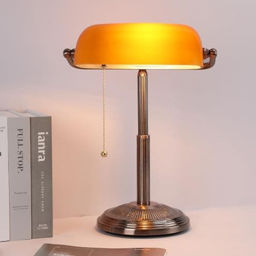 LINNMON Bankers Desk Lamp, Amber Retro Lamp, Vintage Lamp with Pull Chain Switch for Home Office (Copper+Amber)