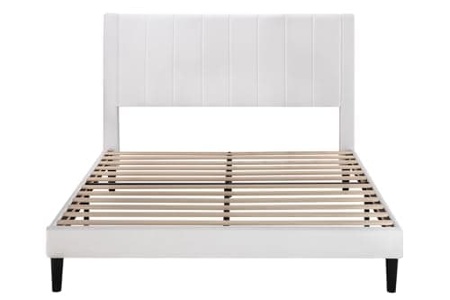 Allewie Full Bed Frame/Velvet Upholstered Bed Frame with Vertical Channel Tufted Headboard/Strong Wooden Slats/Platform Bed Frame/Mattress Foundation/Box Spring Optional/Easy Assembly/White 9