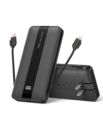 Coowisty Portable Charger with Wall Plug, Fast Charging Power Bank Built-in Cables, Slim 10500mAh 22.5W 4 Outputs 3 Inputs LED Display External Battery Pack Compatible with iPhone/Android (Black)