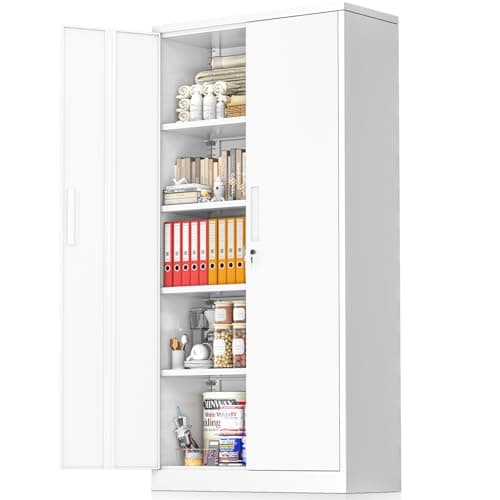 Greenvelly White Metal Storage Cabinet, 72" Steel Locking Cabinet with Doors and 4 Adjustable Shelves, Tall Tool Cabinets Lockable File Cabinet for Home Office, Metal Classroom Cabinet for Garage