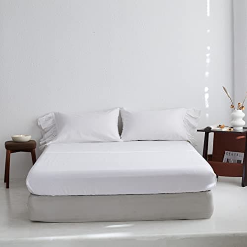Simple&Opulence Linen Fitted Sheet (1 Piece) - 14 Inch Deep Pocket Mattress Cover Natural Flax Cotton Blended Soft Breathable Bedding - White, Queen Size 5
