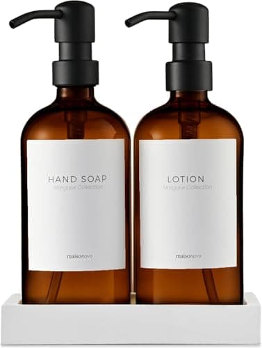 MaisoNovo Soap and Lotion Dispenser Set - Bathroom Soap Dispenser Set with Amber Glass Soap Dispenser, Black Pumps & Concrete Tray
