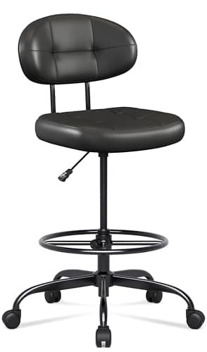 Misolant Drafting Chair Without Arms, Tall Office Chair with Footrest Ring for Standing Desk, Small Faux Leather Executive Office Chair with Adjustable Height for Bar Lab Counter Height Desk, Black