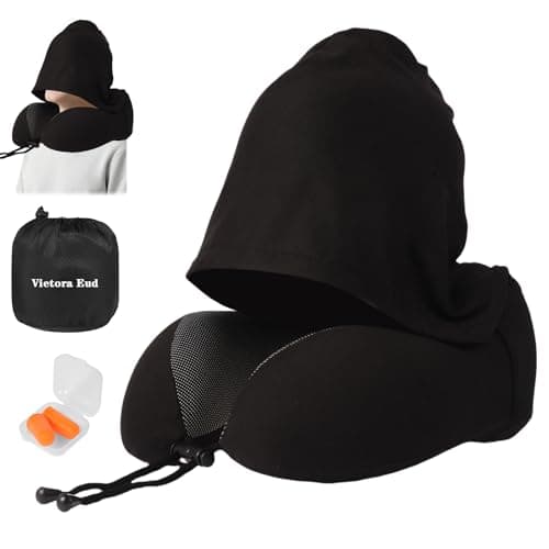 Travel Neck Pillow with 100% Light-Blocking Hood – Ergonomic Memory Foam Support Pillow for Airplane, Long Flights, Road Trips, Office and Car, Full Head and Neck Support with Skin-Friendly Cover