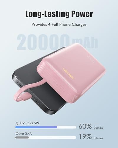 Qecvec Portable Charger 20000mAh, 22.5W Power Bank Fast Charging, High Capacity Cell Phone Portable Power Banks with for iPhone, Samsung, Android etc, Travel Essential (Pink) 4