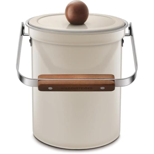 WAGENSTEIGER Kitchen Countertop Compost Bin 101ounces / 3Liters, Airtight Lid SUS304 Stainless Steel Odor-Free Food Waste Bin with Wooden Handle Stylish Design Bathroom Trash Can (Off-White)