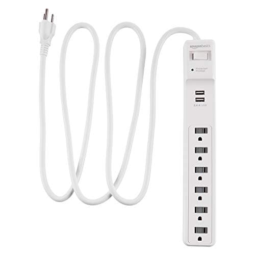Amazon Basics Power Strip Surge Protector with 6 Outlets, 2 USB Ports, 1000 Joule Protection, 6-Foot Extension Cord, White