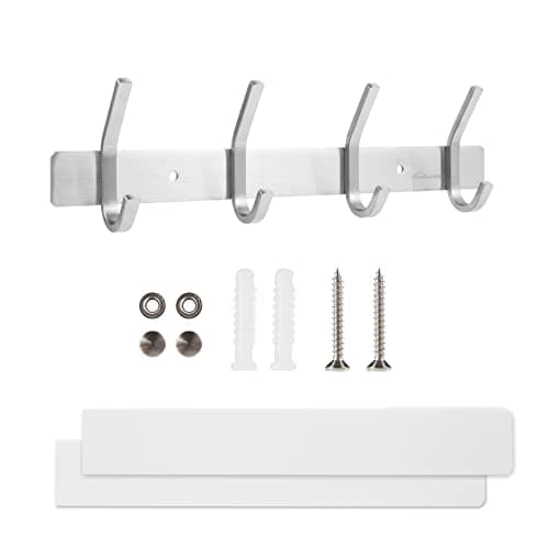 Coat Rack Wall Mounted,Stainless Steel Silver Towel Racks with 4 Hooks for Bathroom Kitchen Bedroom Door