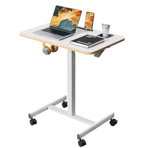 Liftsync Mobile Standing Desk, Rolling Laptop Cart Adjustable Height with Cup Holder, 28 inch Portable Table with 4 Lockable Wheels, White Computer Workstation with Hook and Slots for Home Office