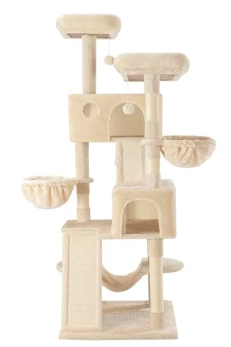 SHA CERLIN 65in Larger Cat Tree Tower Condo for Indoor Kitties/Multi-Level Furniture Activity Center with Wide Base/Cozy Plush Cat Perches/Baskets/Sisal Scratching Posts and Hammock/Beige 9