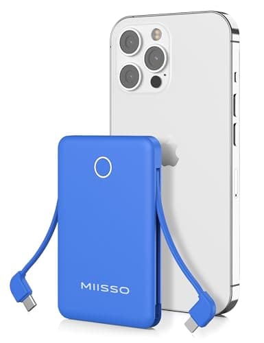 miisso 6000mah Ultra Slim Built in Cables Power Bank, Card Size Built in USB C Cords Battery Pack Portable Charger for Phones, 3 Output External Battery Pack Compatible with iPhone, Deep Blue