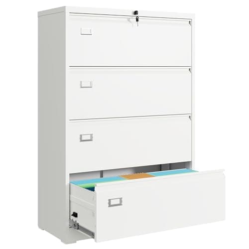DEVAISE 4 Drawer Lateral File Cabinet with Lock, Metal Filing Cabinets for Home Office, 16" D x 35" W x 52" H Wide Storage Organization for Hanging Files Letter/A4/Legal/F4 Size, White