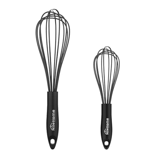 NileHome Silicone Whisk Set 8" 10" Kitchen Whisk Kitchen Wisk Wire Whisks for Cooking, Whisking, Blending, Beating, Stirring-Black